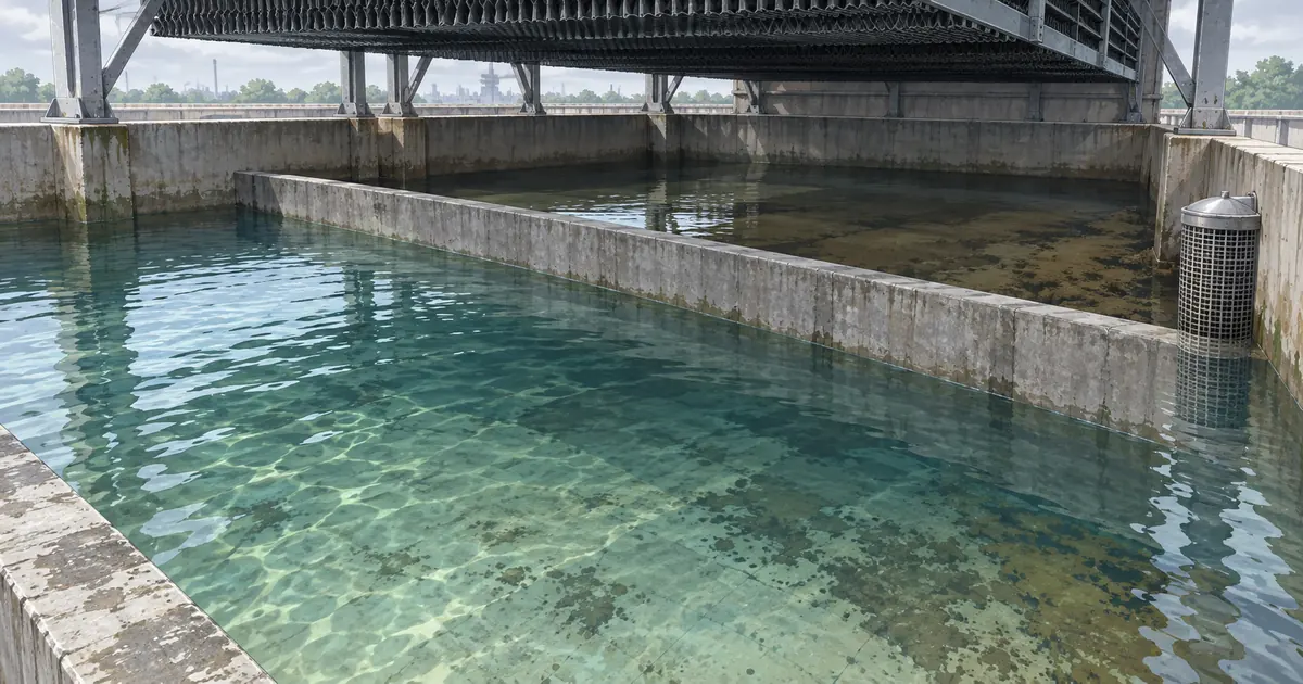 Illustration of a cooling tower cold-water basin with a baffle, outlet screen and visible sediment zones