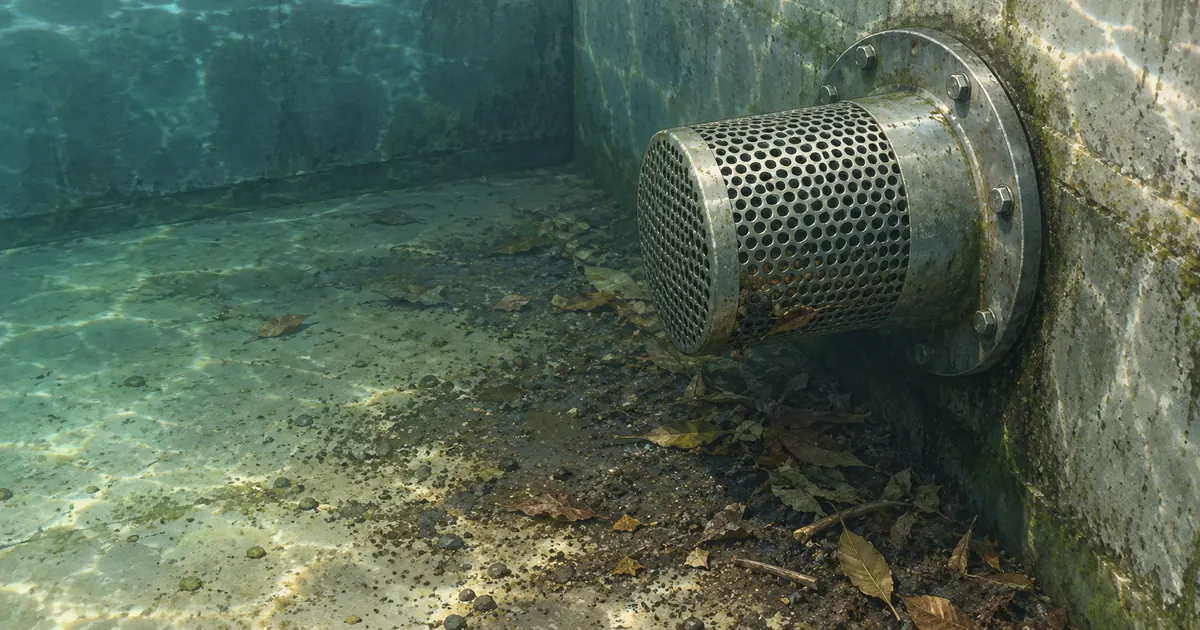Illustration of a cooling tower basin outlet screen with silt and debris on the adjacent floor