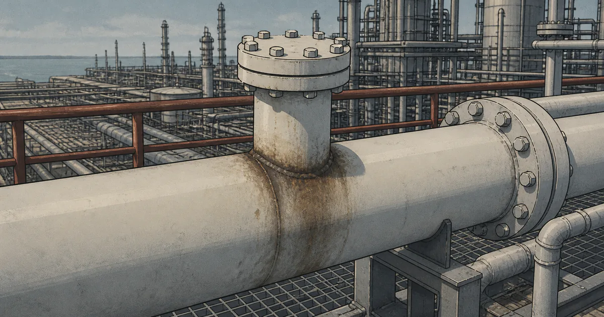 Illustration of staining around a capped dead-leg branch on process piping