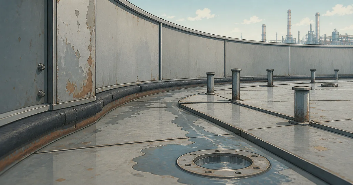 Deck-level view of a floating-roof rim, drain path, fittings, and shallow standing water