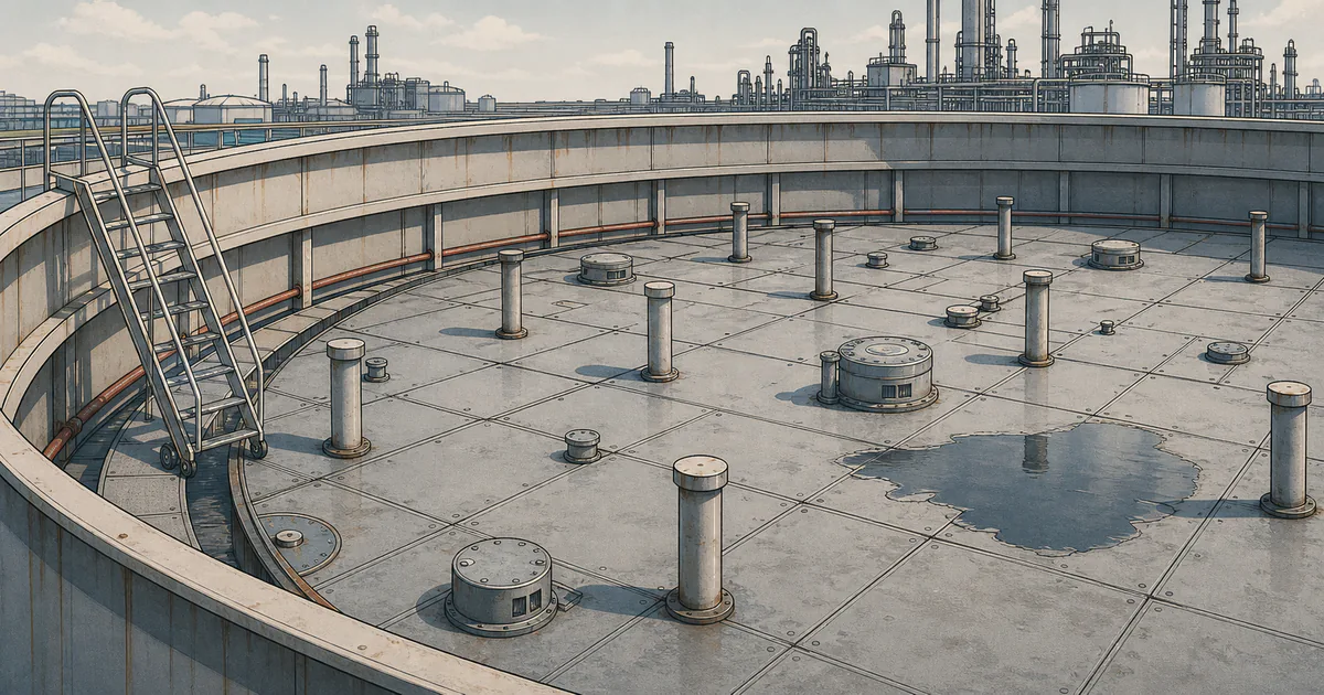 Illustration of an external floating-roof tank deck with pontoons, an access ladder, fittings, and standing water