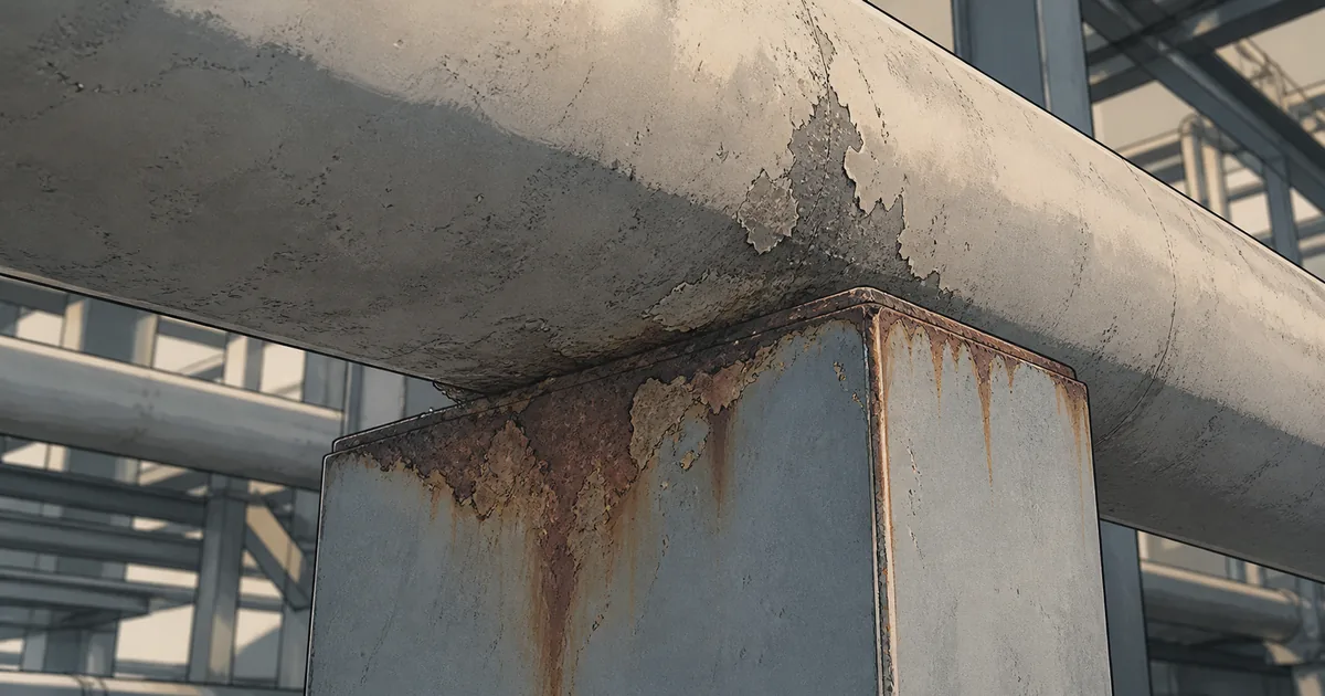 Close view of corrosion and coating loss at the underside contact between a process pipe and its support