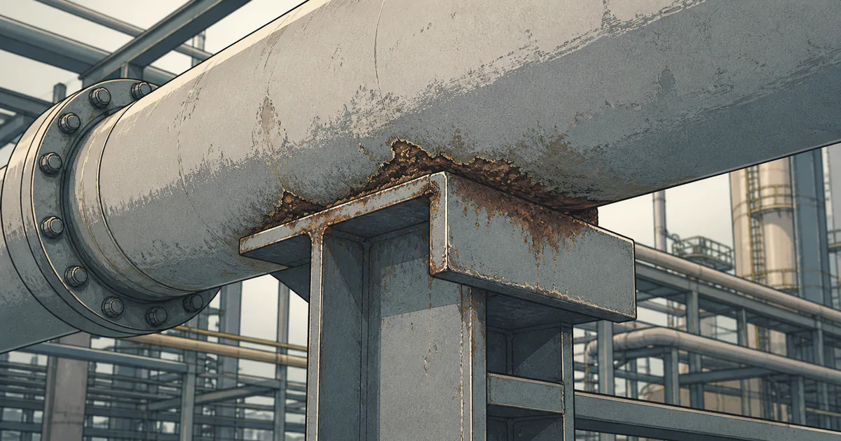 Illustration of localized corrosion where a process pipe rests on a steel support