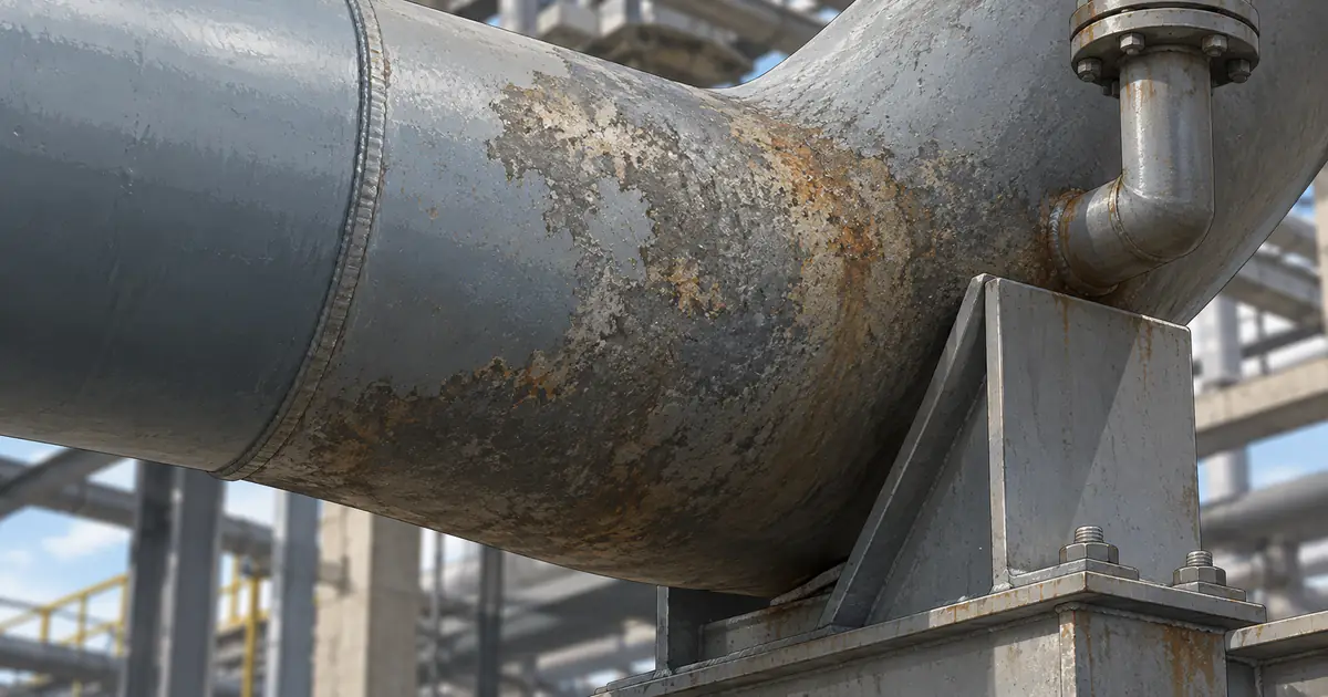 Illustration of a weathered piping-elbow flank partly obscured by a permanent support and small branch