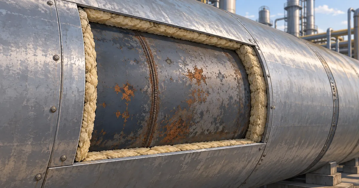 Illustration of a bounded insulation opening showing weathered coating on a pressure-vessel shell beside unopened metal jacketing