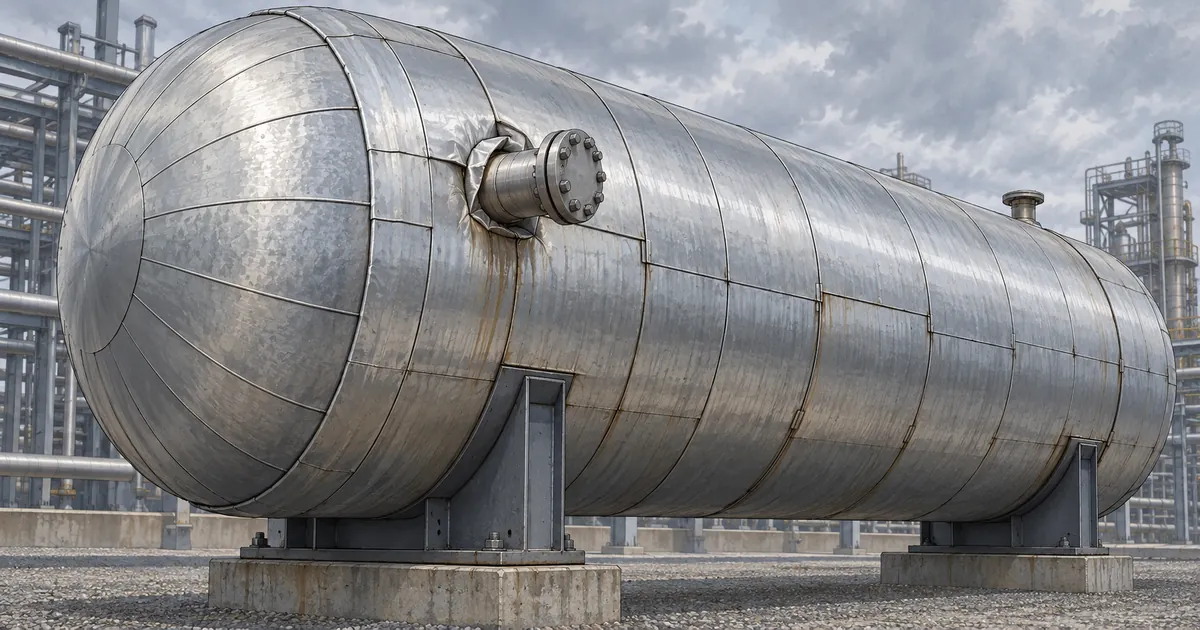 Illustration of an insulated horizontal pressure vessel with weathered jacket seams, a nozzle penetration and two saddle supports