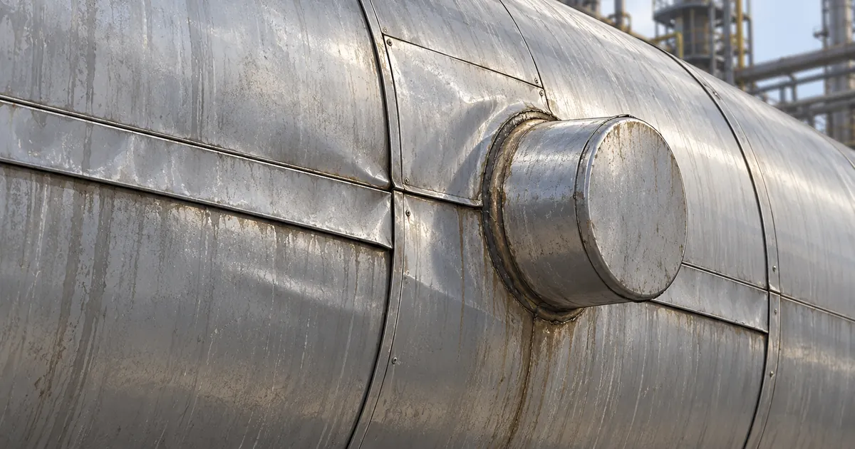 Illustration of weathered insulation-jacket seams meeting a capped nozzle penetration on a pressure vessel