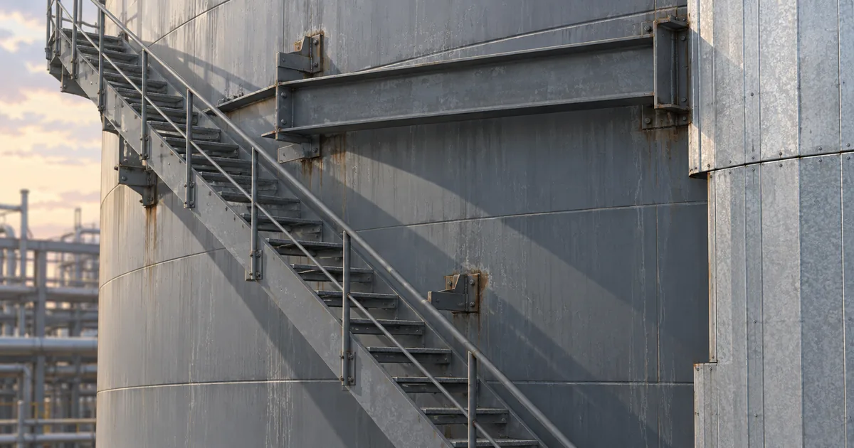 Illustration of a storage-tank shell with fixed stairs, support clips, a wind girder and an insulation edge creating access gaps
