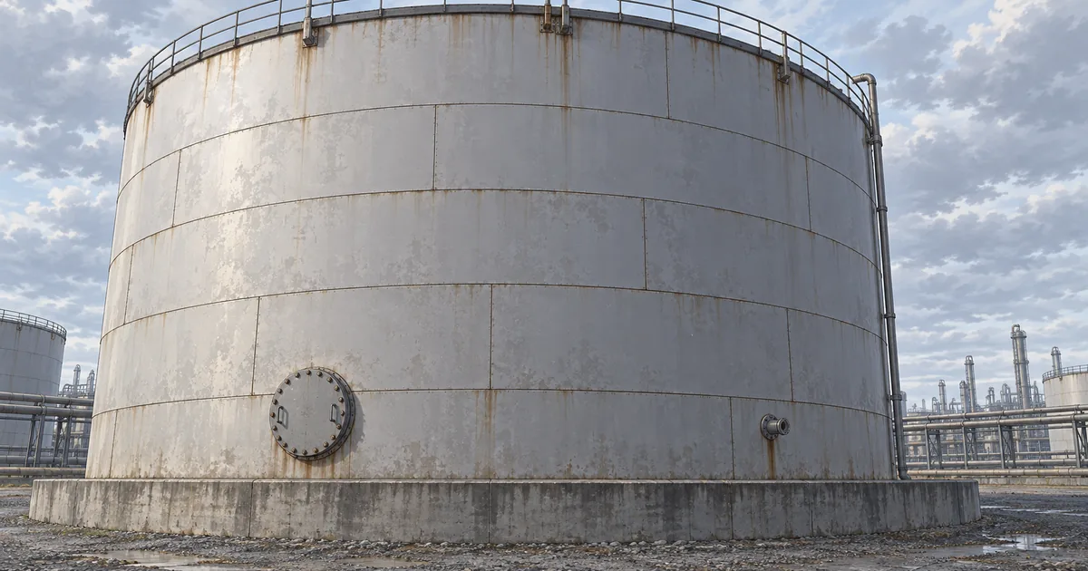 Illustration of an aboveground steel storage-tank shell with visible courses, seams, appurtenances and weathered coating